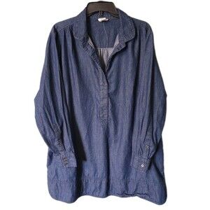 Andrea Jovine Women's Tunic Top 2X Blue Denim Cotton Chambray Pop Over Casual